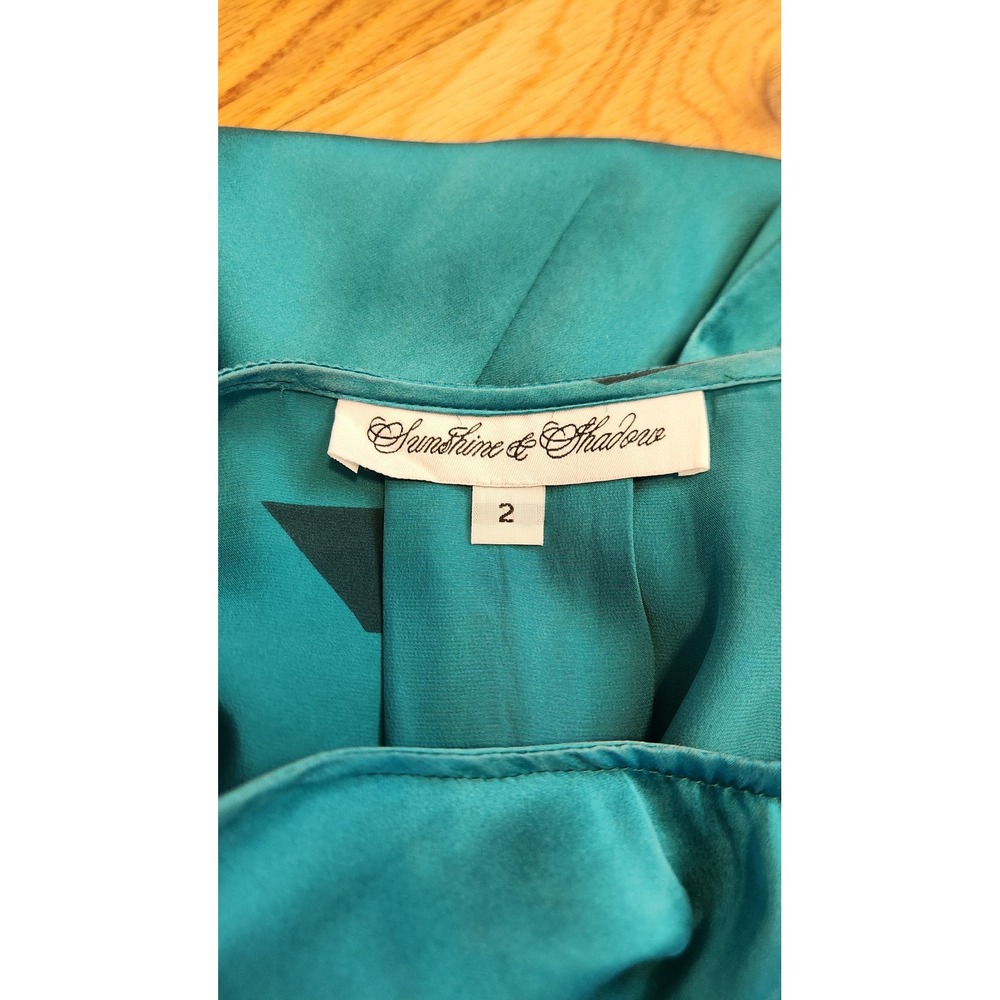 Vintage Sunshine Shadow Teal Silk Diamond Print Short Sleeve Dress Size 2 - Picture 2 of 11
